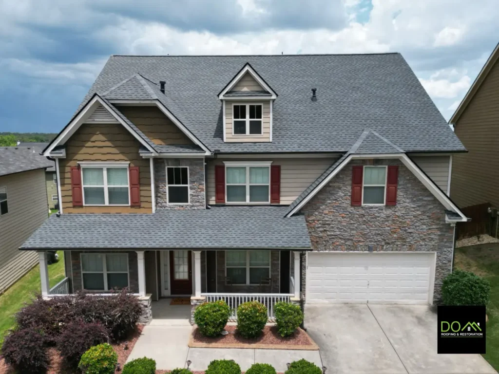 Architectural shingles installed on a home in Alpharetta, GA by the experts at Dom Roofing & Restoration.
