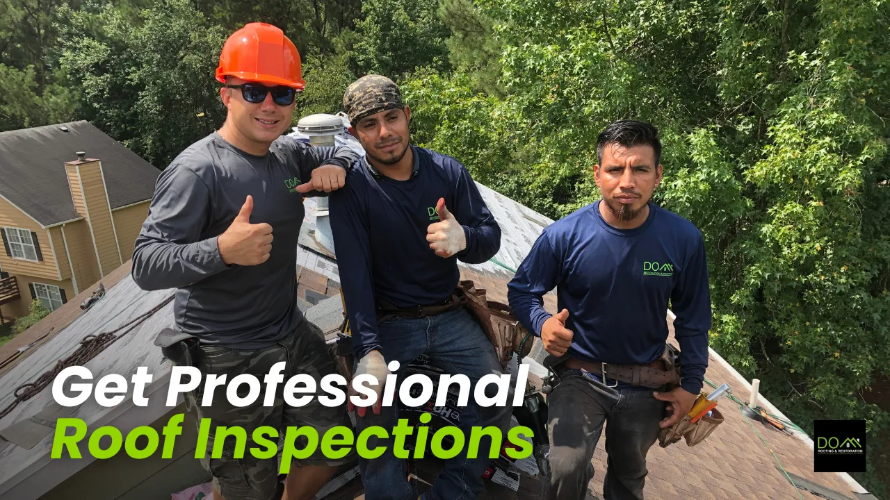 A licensed roofer from Dom Roofing & Restoration performing a professional roof inspection on a home in Duluth to assess for hidden storm damage.