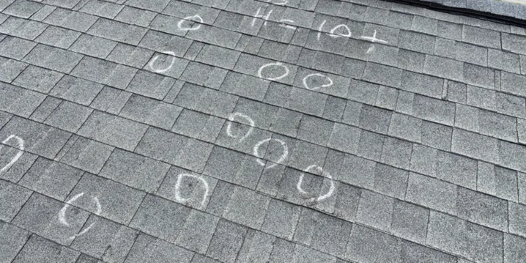Hail damage on an architectural shingle with a coin for scale, documenting proof for a roof insurance claim in Alpharetta by Dom Roofing & Restoration.
