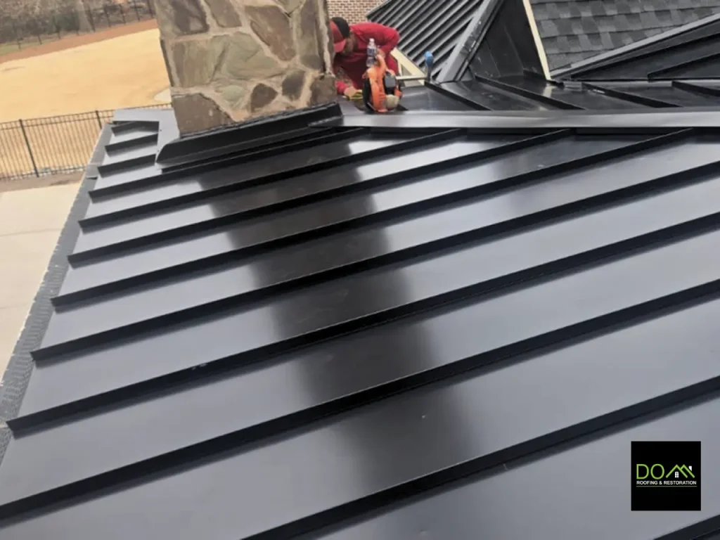 A modern standing seam metal roof completed on a Suwanee home by Dom Roofing & Restoration's certified installers.
