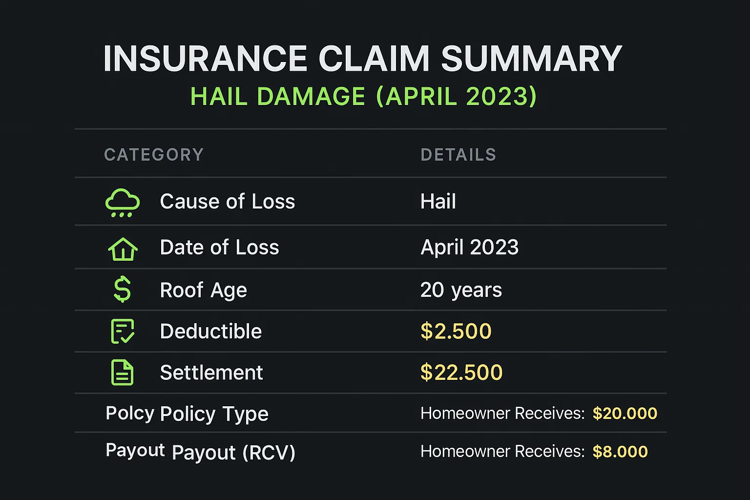 Infographic of a real insurance claim summary for a new roof in Buford, showing a $22,500 settlement for hail damage secured by Dom Roofing & Restoration.