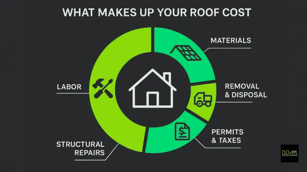 Infographic chart breaking down the five main factors of roof replacement costs: labor, materials, structural repairs, removal and disposal, and permits.