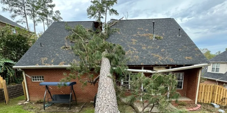 A large tree that has fallen onto a house and broken the roof in Suwanee, an example of storm damage requiring an emergency insurance claim with Dom Roofing & Restoration.