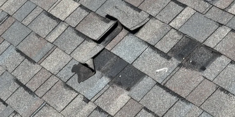 Close-up of a creased and lifted shingle showing wind damage after a storm in Sugar Hill, a common issue identified by Dom Roofing & Restoration.