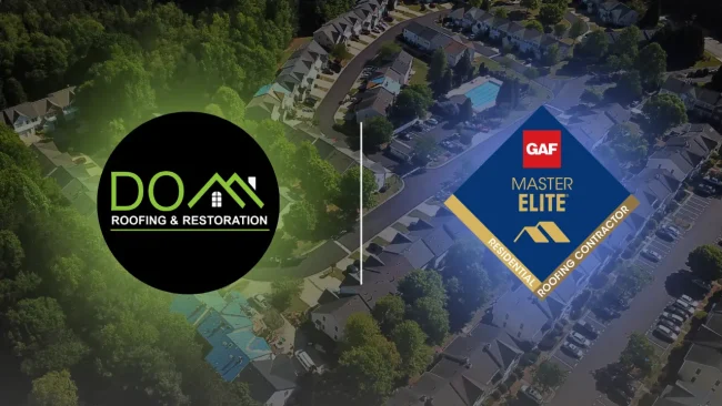 GAF Certified Master Elite Roofing Contractor Dom Roofing & Restoration's logo and the GAF Master Elite logo overlaid on an aerial image of a residential neighborhood. Dom Roofing & Restoration serves Sugar Hill, Buford, Suwanee, Cumming, and surrounding Georgia communities.