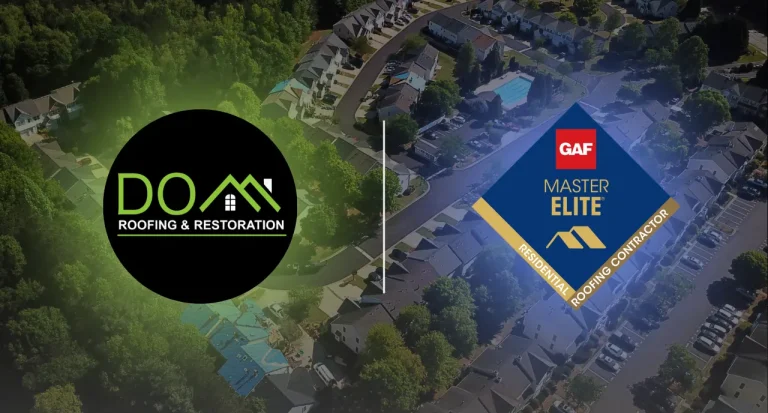 GAF Certified Master Elite Roofing Contractor Dom Roofing & Restoration's logo and the GAF Master Elite logo overlaid on an aerial image of a residential neighborhood. Dom Roofing & Restoration serves Sugar Hill, Buford, Suwanee, Cumming, and surrounding Georgia communities.