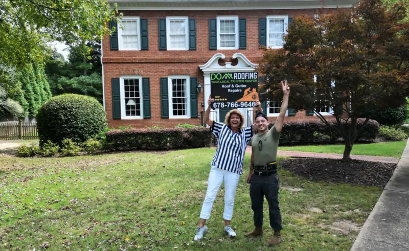 Tatiana Schwappach from Alpharetta GA giving a 5-star customer review after roof replacement by Dom Roofing & Restoration
