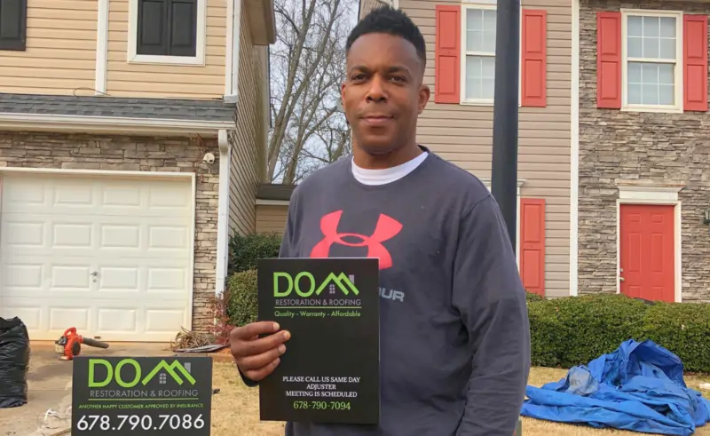 Greg Vassar from Atlanta GA sharing a 5-star customer review after insurance-covered roof replacement by Dom Roofing & Restoration with excellent workmanship and service