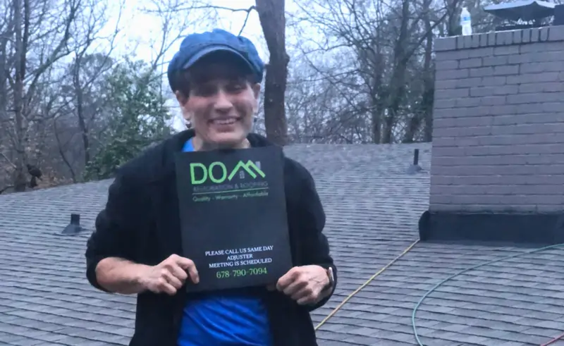 Jane Leznik from Atlanta GA giving a 5-star customer review for Dom Roofing & Restoration after roof vent installation with excellent communication and service