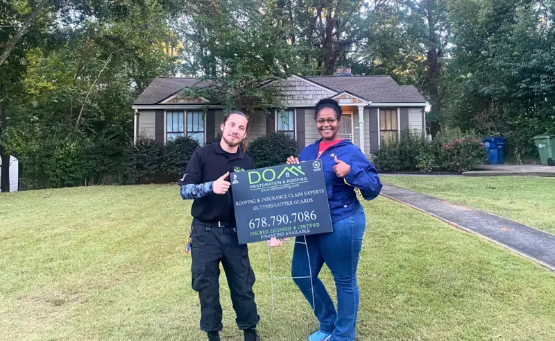 Lana G from Atlanta GA giving a 5-star customer review after roof replacement by Dom Roofing & Restoration with excellent communication and service
