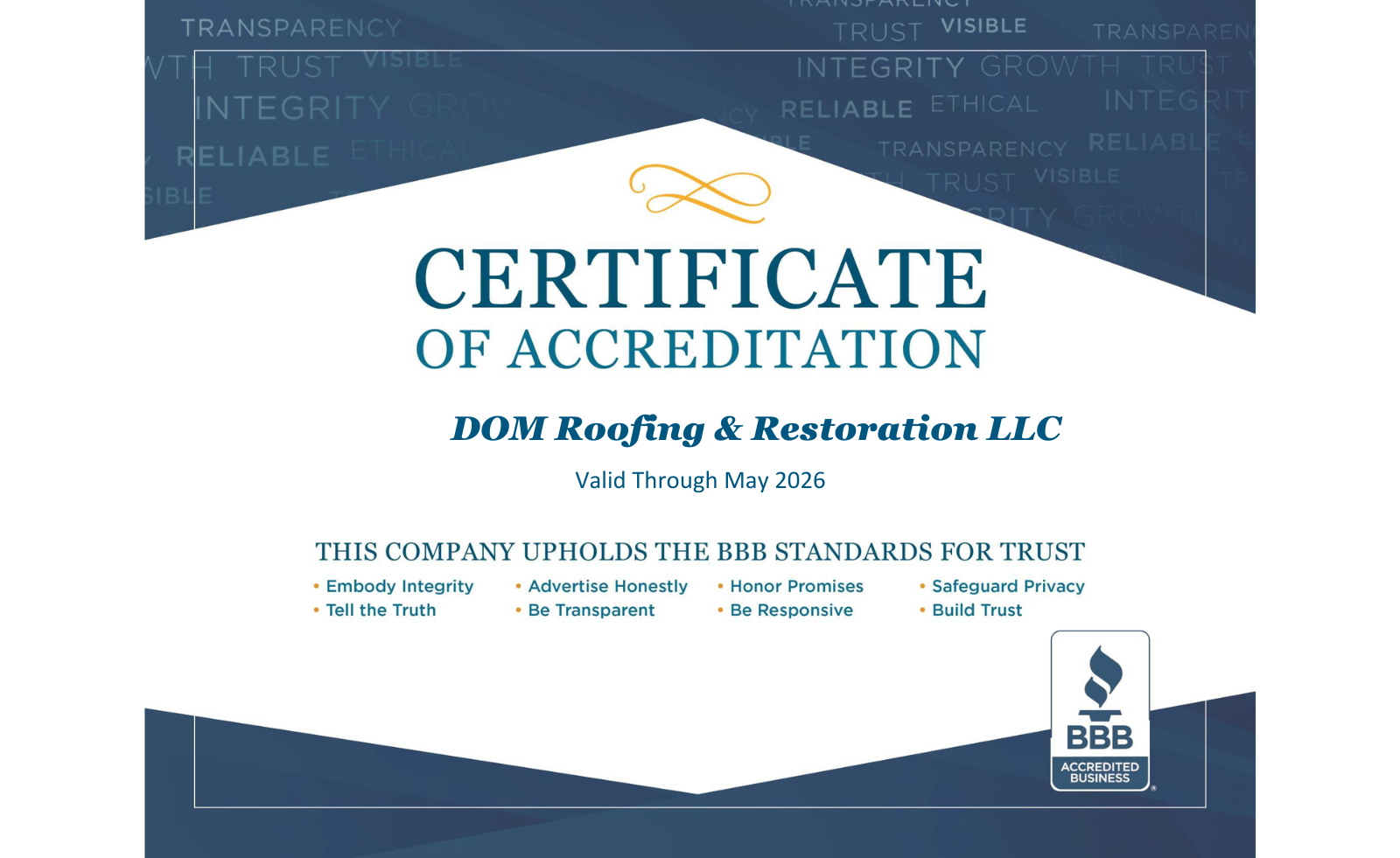 DOM Roofing BBB A+ Accreditation DOM Roofing & Restoration BBB A+ accreditation logo symbolizing trust and integrity