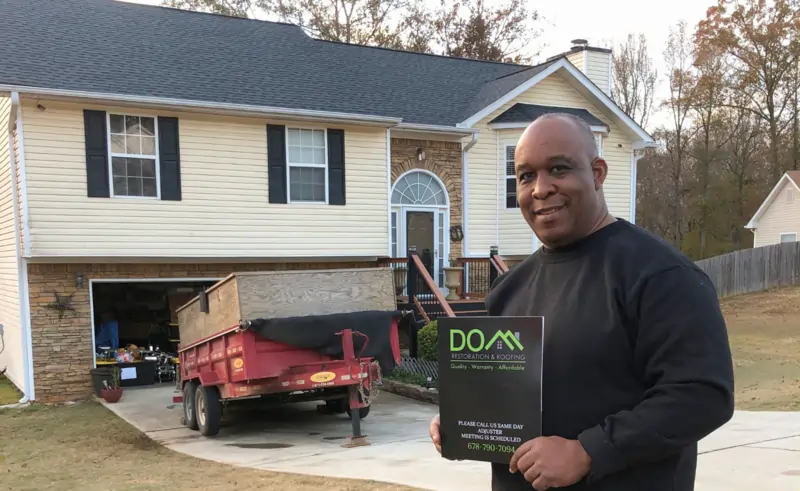 Ralph Angelo from Martinez GA sharing a 5-star review for Dom Roofing & Restoration after storm damage roof repair and insurance assistance following Hurricane Helene