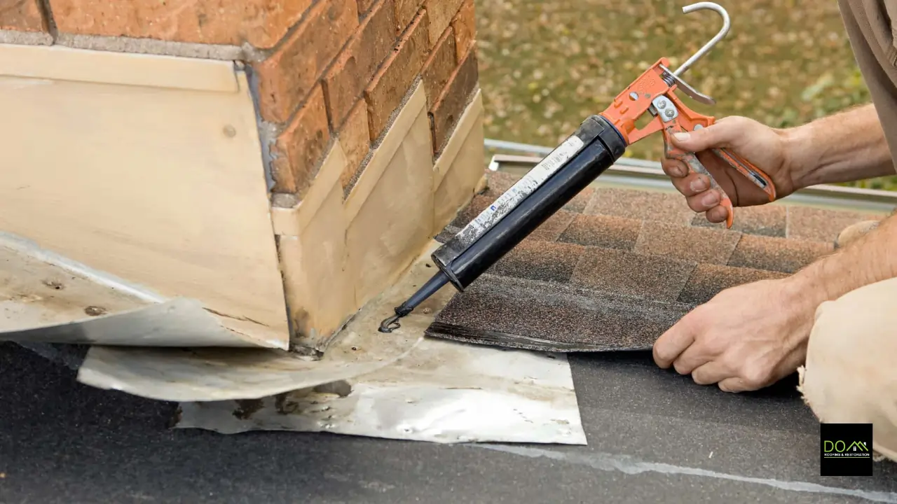 Before and after professional roof flashing repair around chimney by Dom Roofing & Restoration in Buford GA