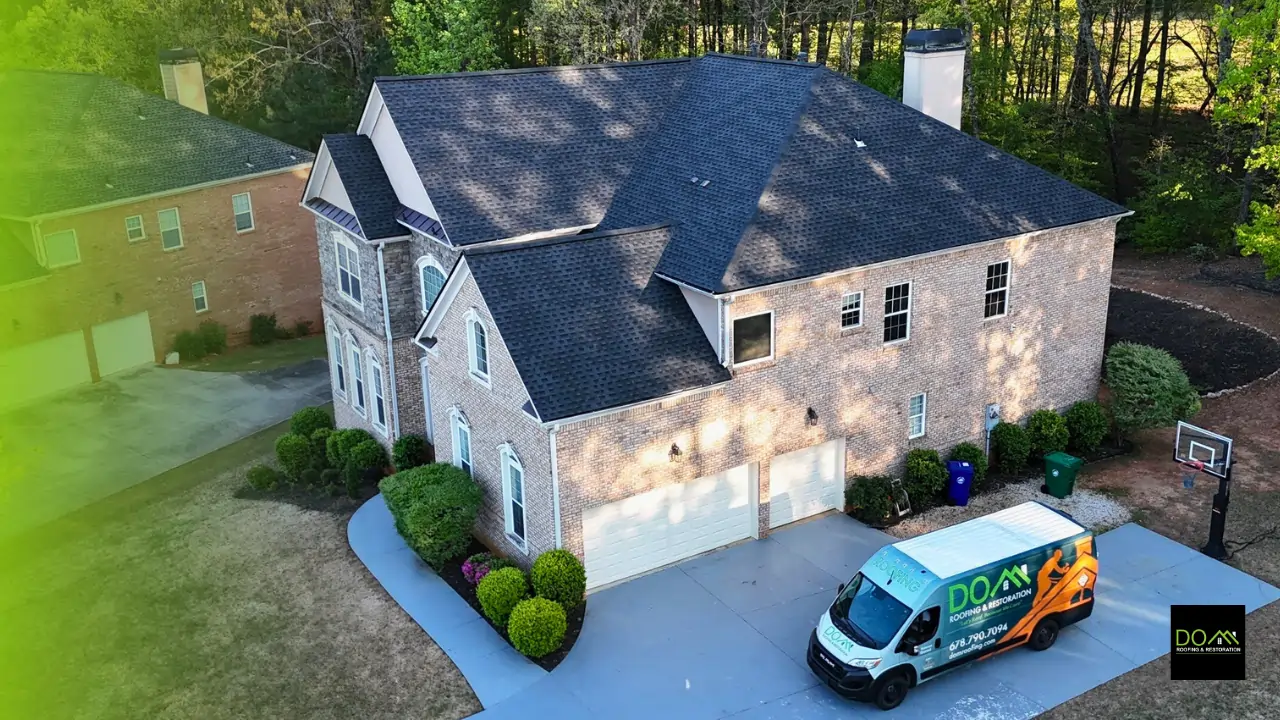 Side-by-side comparison of old damaged roof versus new roof replacement by Dom Roofing & Restoration in Buford Georgia