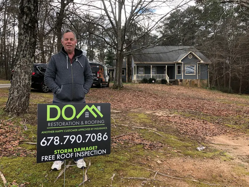 Michael Jamison from Suwanee GA sharing a customer review after insurance-approved roof replacement by Dom Roofing & Restoration