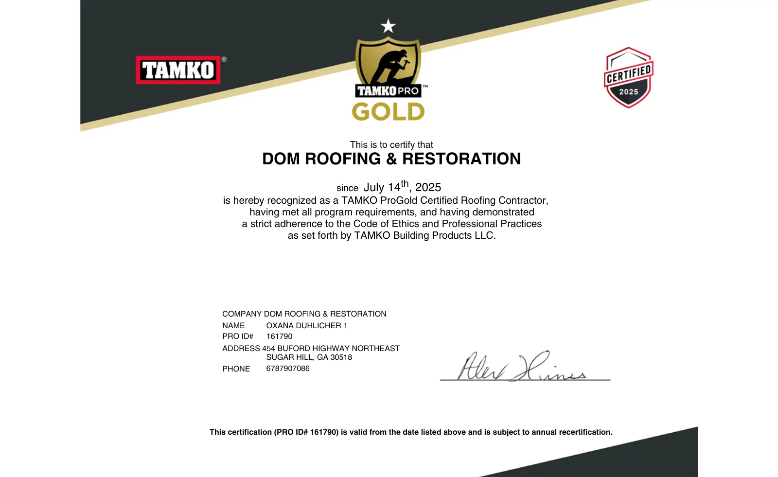 DOM Roofing Tamko Pro Gold Contractor Certification DOM Roofing certified as Tamko Pro Gold Contractor for expert roof installation