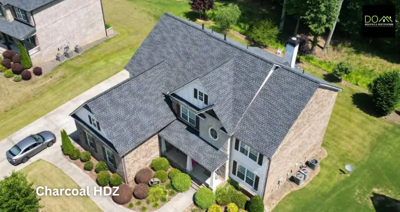 Close-up of GAF Timberline HDZ Charcoal RS shingles by Dom Roofing & Restoration Johns Creek GA
