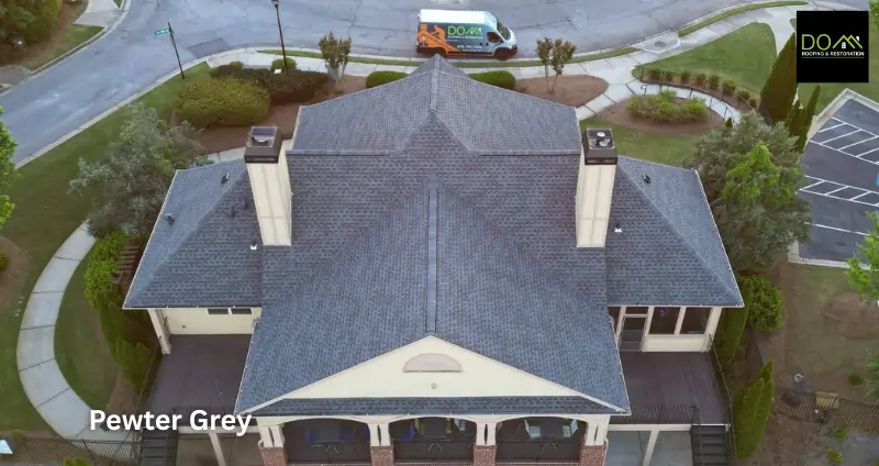 Close-up of GAF Timberline HDZ Pewter Grey shingles by Dom Roofing & Restoration Dunwoody GA