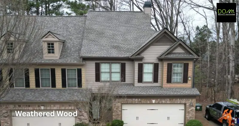 Close-up of GAF Timberline HDZ Weathered Wood shingles by Dom Roofing & Restoration Johns Creek GA