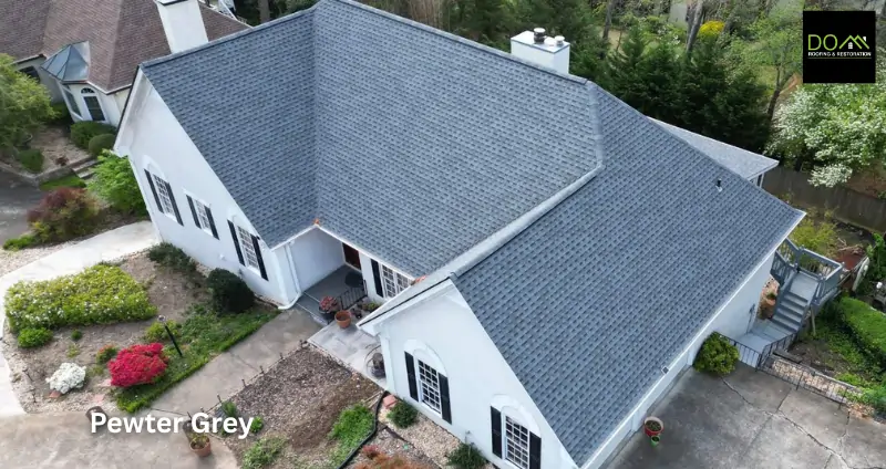 Pewter Grey Timberline HDZ shingles installed by Dom Roofing & Restoration on a modern home in Alpharetta GA