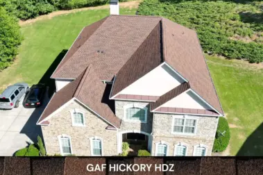 Roof replacement with GAF Hickory HDZ shingles – Dom Roofing & Restoration – roof shingle color in Johns Creek.