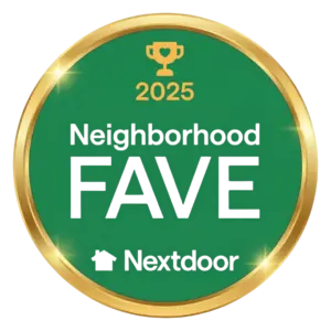 Dom Roofing & Restoration Named a 2025 Nextdoor Neighborhood Fave: North Atlanta's Most Trusted Roofing Company 2 Nextdoor Neighborhood Fave 2025 badge with a gold circular frame