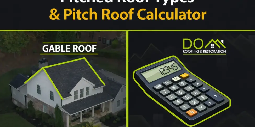 Thumbnail image showing a white house with a gable roof outlined in green, labeled ‘GABLE ROOF’ on the left, and a pitch calculator illustration with the DOM Roofing & Restoration logo on the right. Designed in black, green, and yellow colors