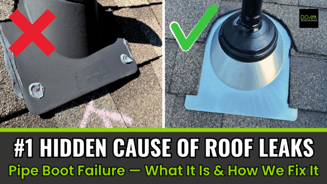 Cracked and failed rubber pipe boot causing roof leak compared to properly installed pipe boot flashing repair by DOM Roofing & Restoration in Atlanta, GA