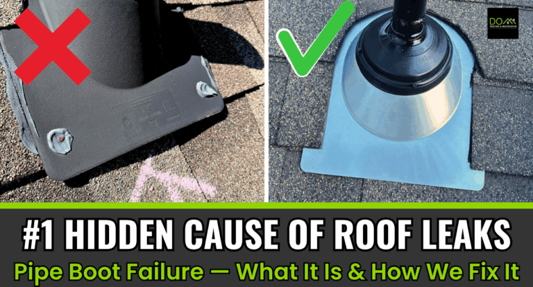 Cracked and failed rubber pipe boot causing roof leak compared to properly installed pipe boot flashing repair by DOM Roofing & Restoration in Atlanta, GA