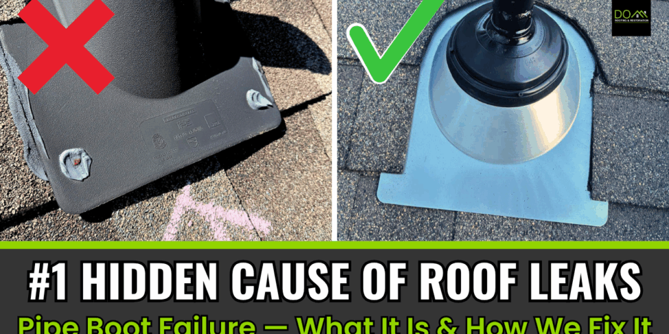 Cracked and failed rubber pipe boot causing roof leak compared to properly installed pipe boot flashing repair by DOM Roofing & Restoration in Atlanta, GA