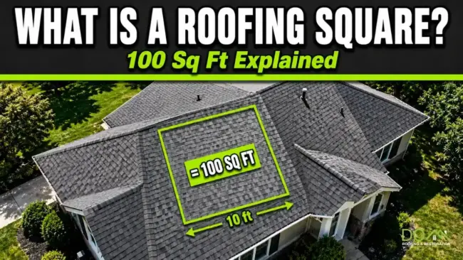 Aerial shingle roof with a green square marking 100 sq ft, showing what a roofing square is — Dom Roofing & Restoration