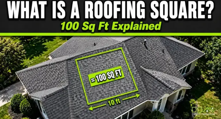 Aerial shingle roof with a green square marking 100 sq ft, showing what a roofing square is — Dom Roofing & Restoration