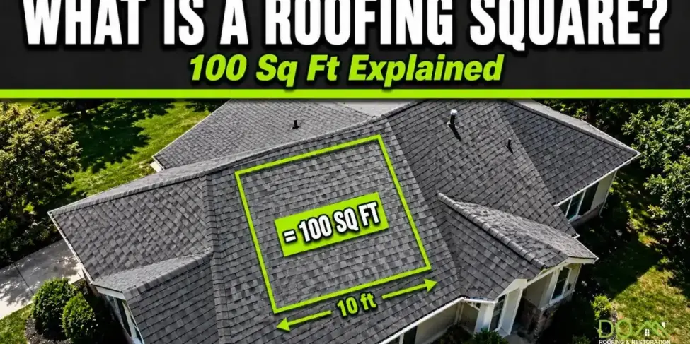 What Is a Roofing Square? 100 Sq Ft Explained | Dom Roofing & Restoration Aerial shingle roof with a green square marking 100 sq ft, showing what a roofing square is — Dom Roofing & Restoration