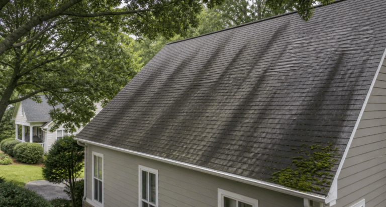 Black algae streaks and moss on asphalt shingles in humid Georgia