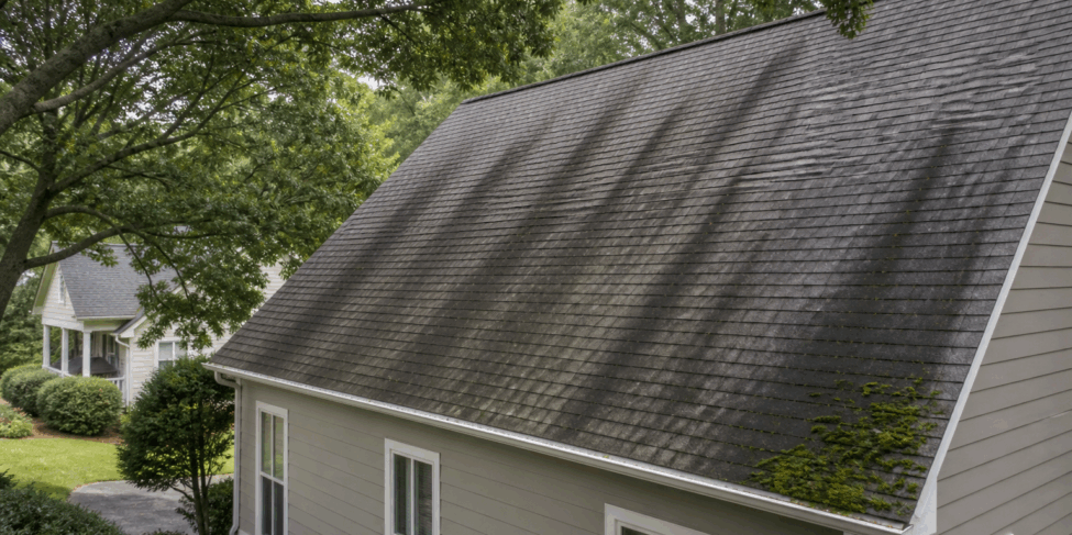 Black algae streaks and moss on asphalt shingles in humid Georgia
