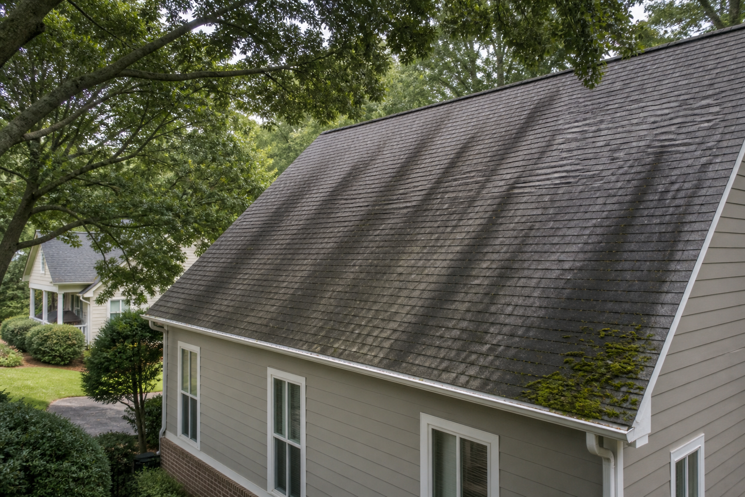 Black Streaks on Roofs: Algae & Moss in Georgia 1 Black algae streaks and moss on asphalt shingles in humid Georgia