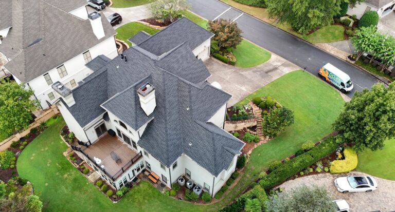Aerial view of a completed architectural shingle roof