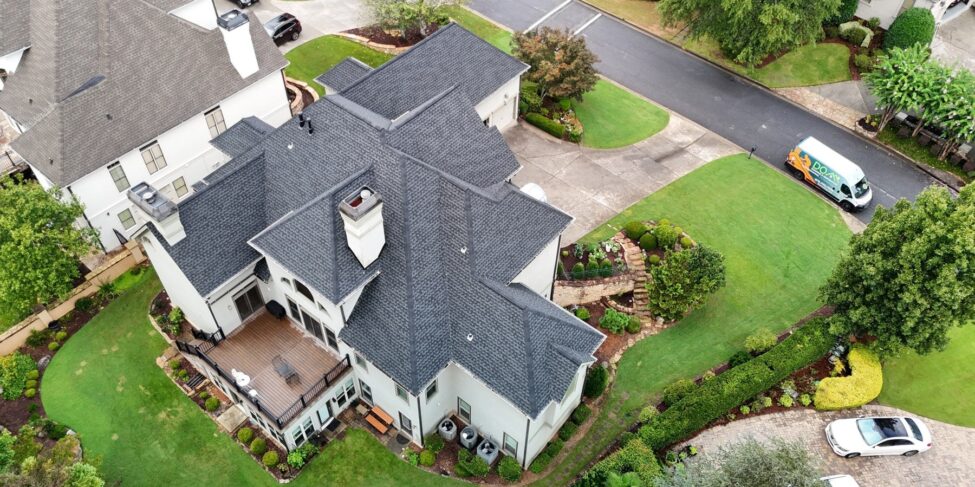 Aerial view of a completed architectural shingle roof