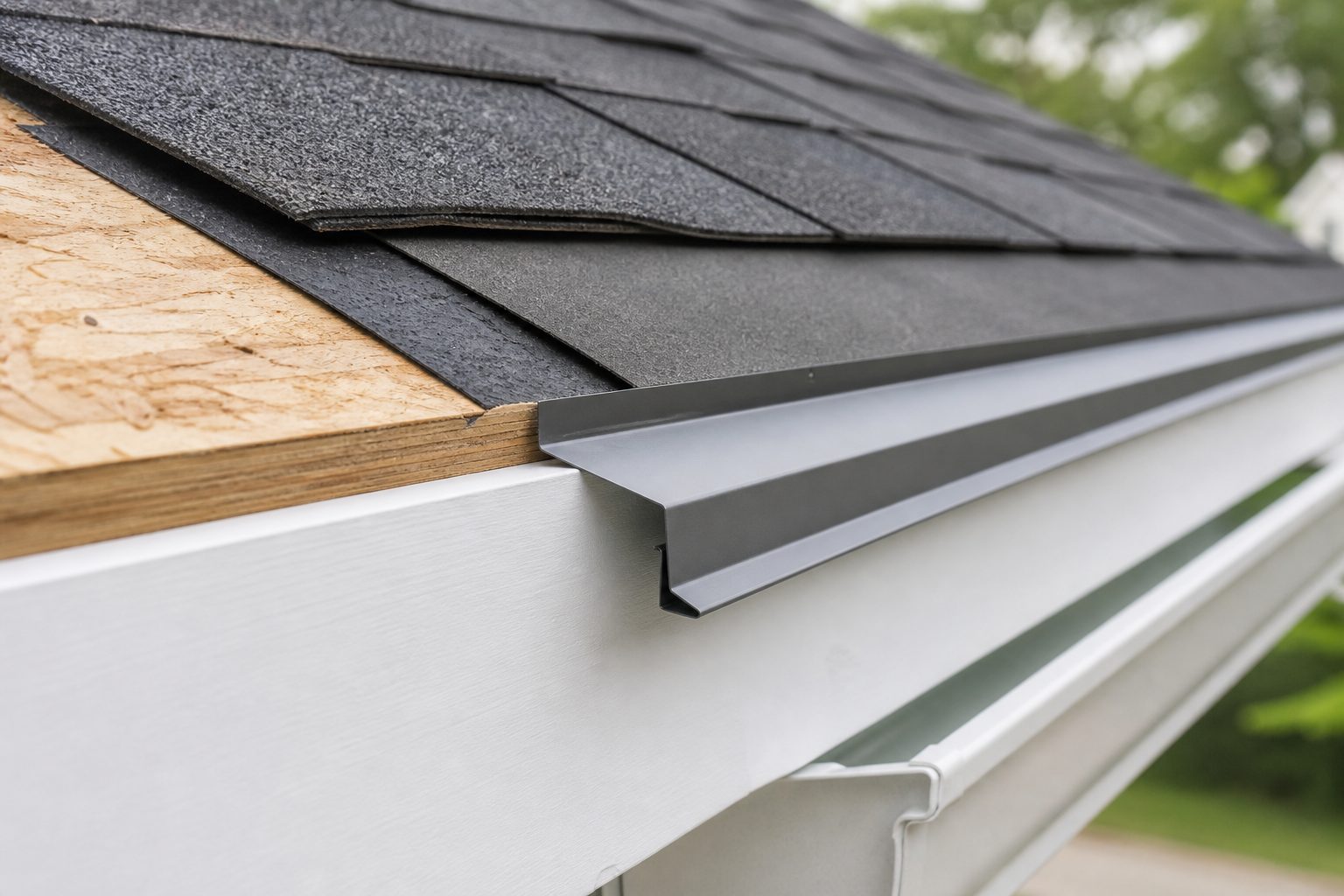 Drip Edge: Why Georgia Roofs Fail Without It 1 Metal drip edge installed at the eave of a Georgia asphalt shingle roof