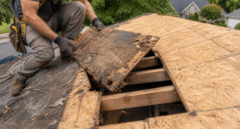 Rotted roof decking panel being replaced during a Georgia roof project