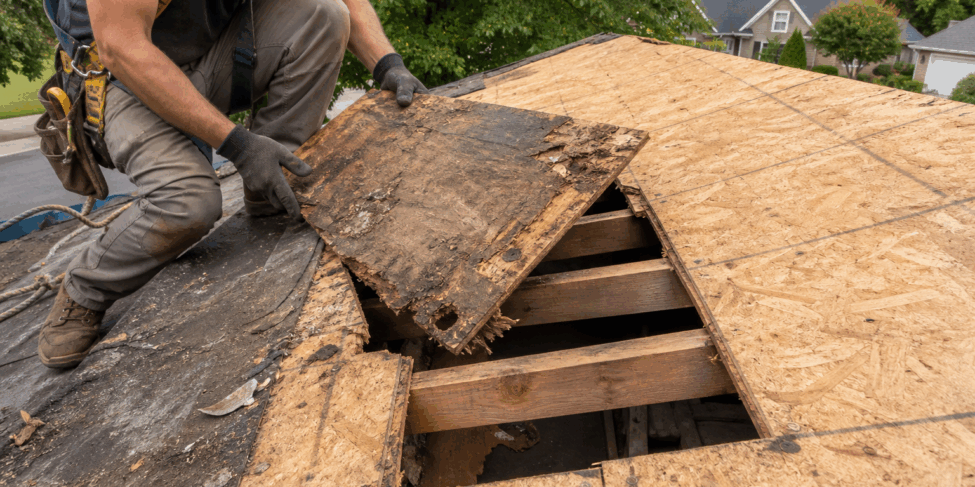 Rotted roof decking panel being replaced during a Georgia roof project