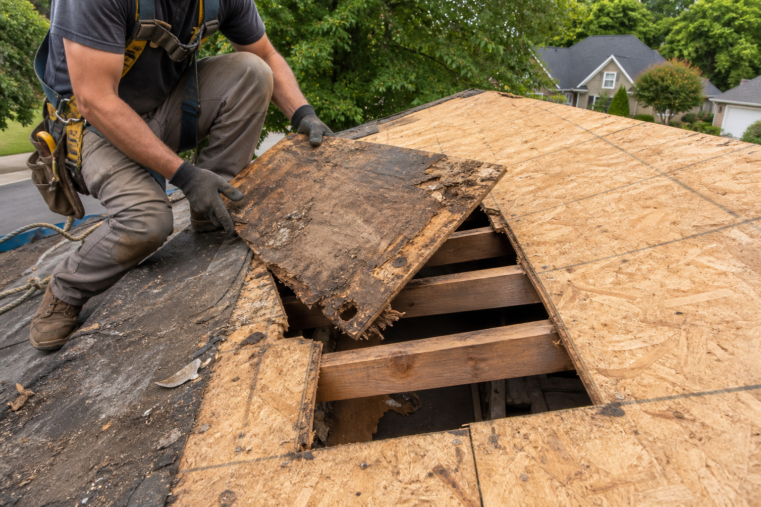 Roof Decking: Signs of Rot & Replacement Cost (2026) 1 Rotted roof decking panel being replaced during a Georgia roof project