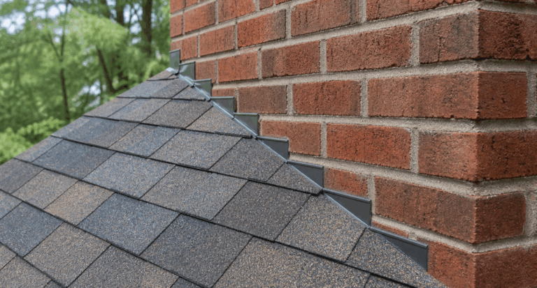 roof-flashing-chimney-georgia Step flashing and counterflashing at a brick chimney on a Georgia roof