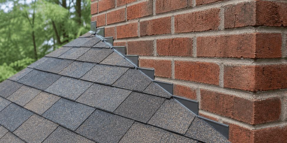 Step flashing and counterflashing at a brick chimney on a Georgia roof