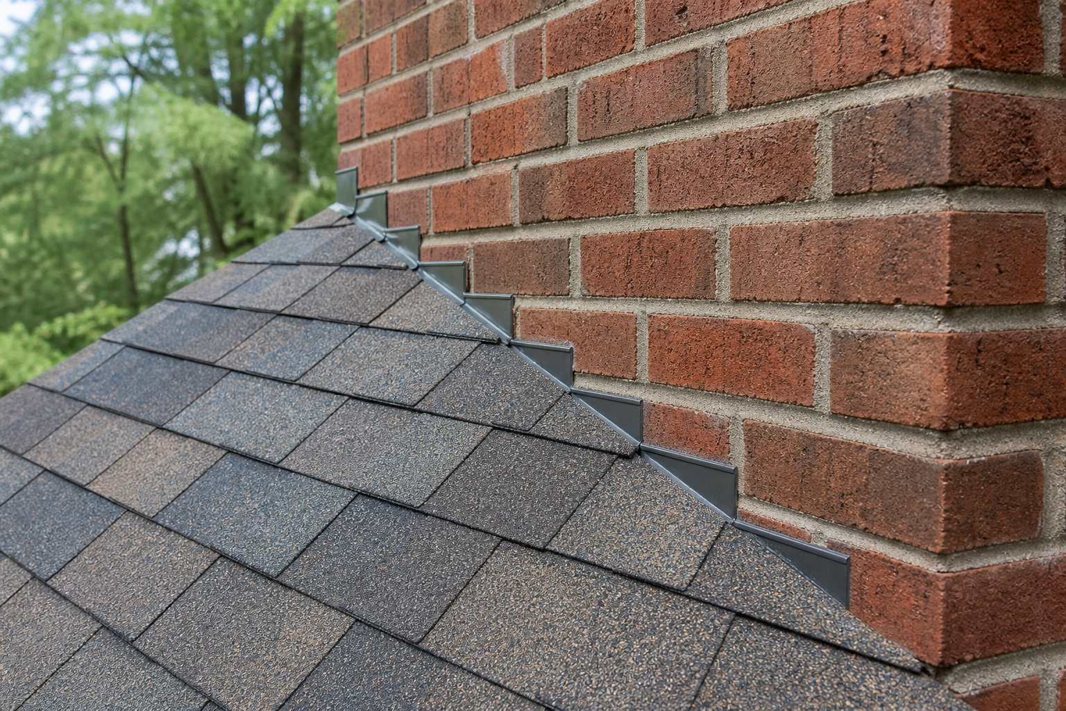 Roof Flashing Guide: Types, Leaks & Repair Cost (2026) 1 Step flashing and counterflashing at a brick chimney on a Georgia roof