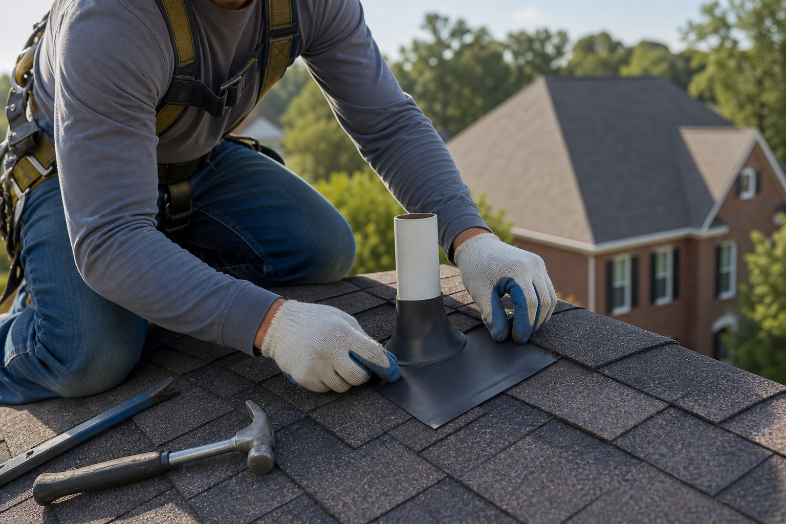 Roof Leak Repair Cost in Georgia (2026 Pricing Guide) 1 Professional roof leak repair around a pipe flashing on a Georgia home