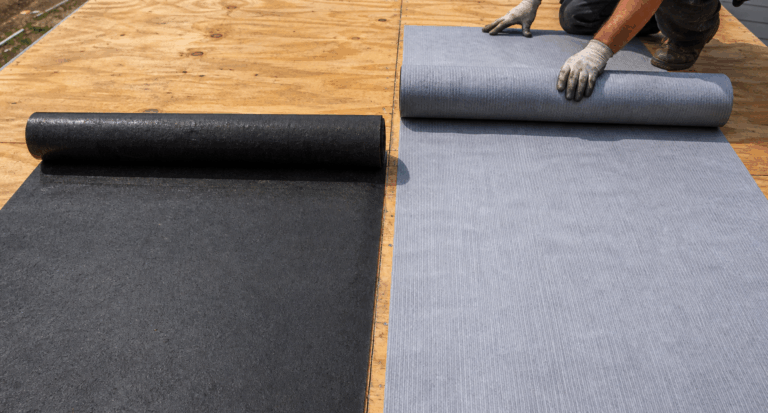 roof-underlayment-felt-vs-synthetic Roofing felt compared with synthetic underlayment on plywood roof decking