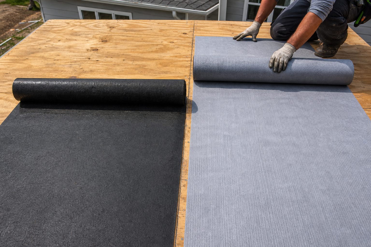 Roof Underlayment: Felt vs. Synthetic for Georgia Homes 1 Roofing felt compared with synthetic underlayment on plywood roof decking