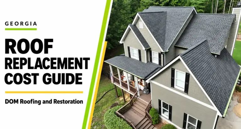 Georgia Roof Replacement Cost Guide by DOM Roofing and Restoration, with a gray shingle roof and green and gold accents.